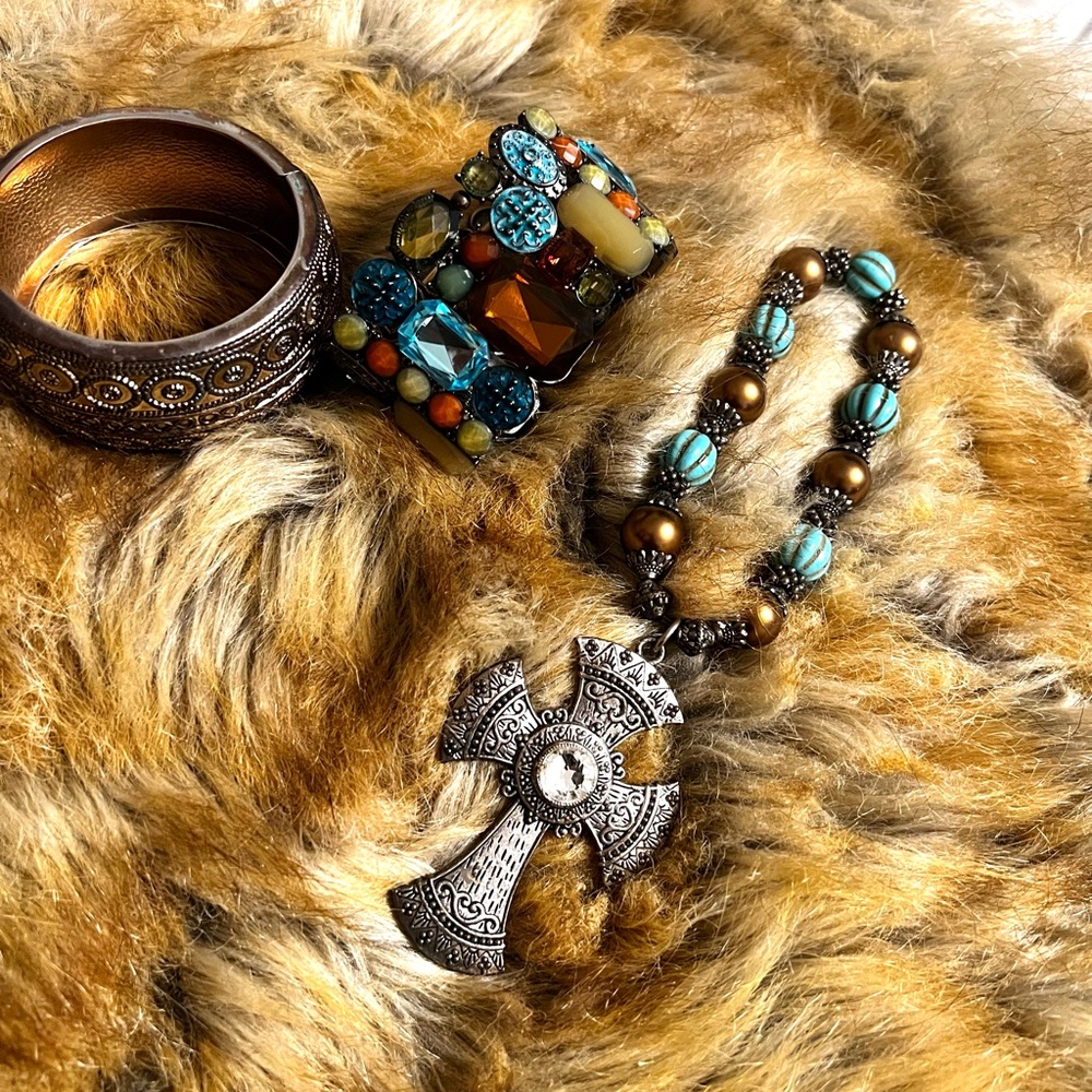 Bundle of Bracelets: Silver Cross Pendant, Stretch Gem Bracelet and Bangle